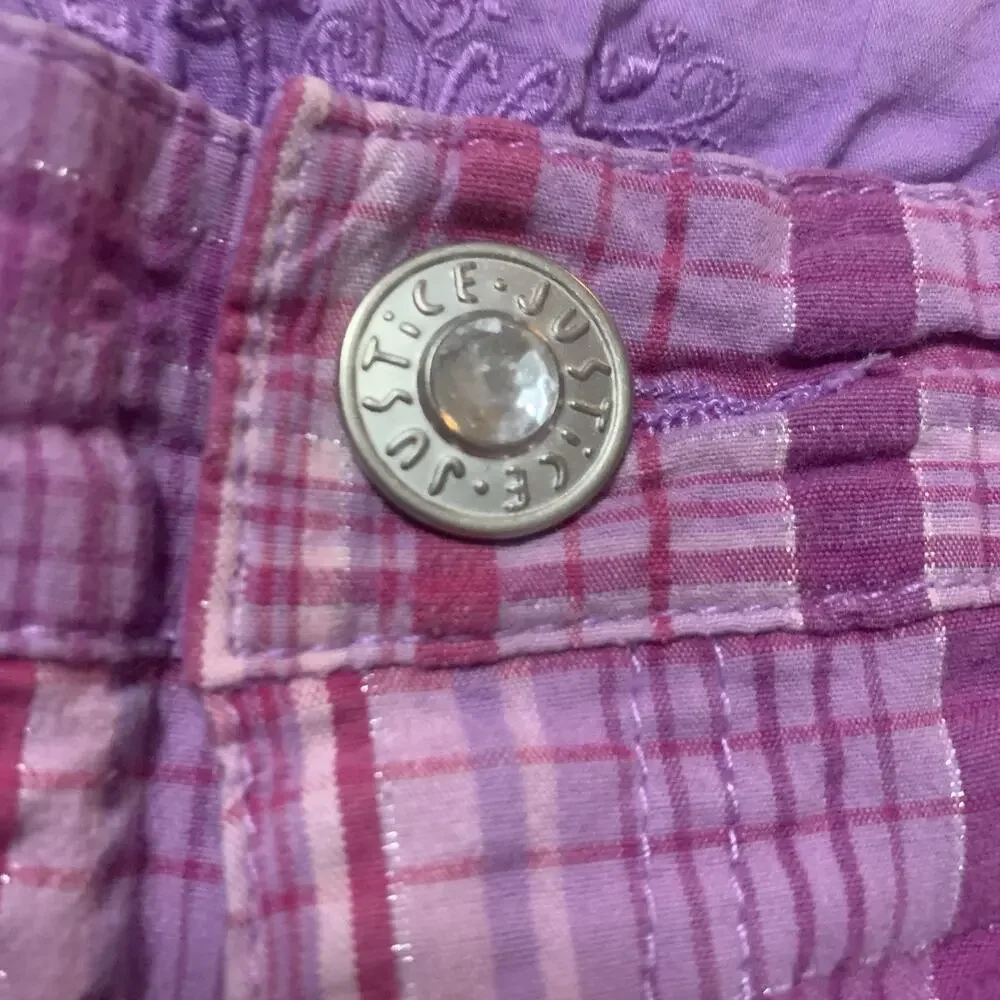 Justice Girls 14 Purple Plaid Bermuda Shorts Metallic Y2K